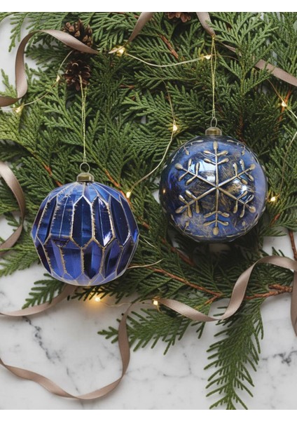 Yılbaşı Topu – Lacivert Altın Desenli Retro Çam Ağacı Süsü 10 cm – 2'li