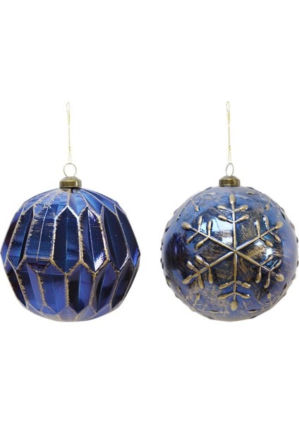 Yılbaşı Topu – Lacivert Altın Desenli Retro Çam Ağacı Süsü 10 cm – 2'li modelleri