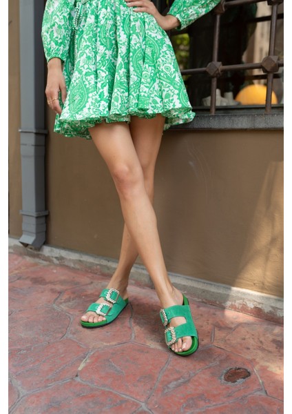 Josef Kadın Yeşil Gercek Suet Taş Detay Terlik fırsatları