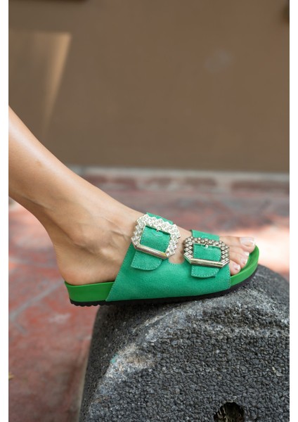 Josef Kadın Yeşil Gercek Suet Taş Detay Terlik