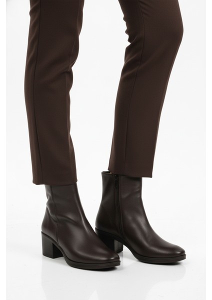 Kahve Hakiki Deri Fermuarlı Polarlı Kadın Bot 92162-1 Z