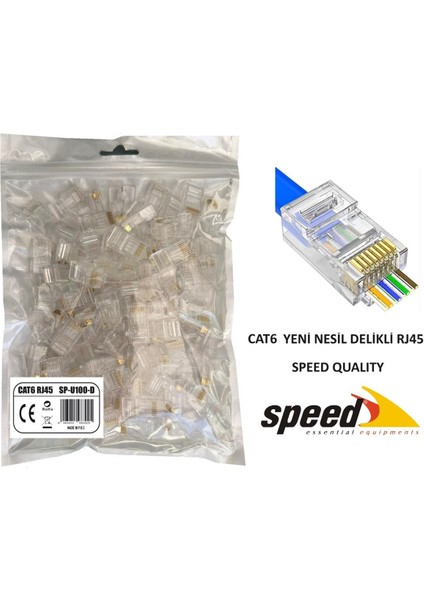 Speed SP-U100 D Cat6 100 Adet RJ45 Konnektör Delikli Yeni Nesil