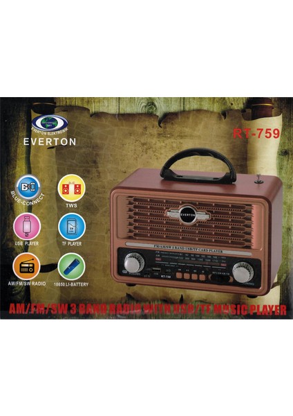 Everton RT-759 Bluetooth Fm-Usb-Tf-Aux Şarjlı Nostaljik Radyo