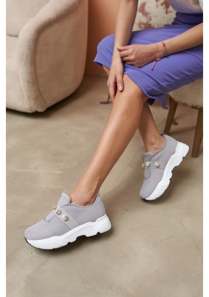 Belicia Kadin Gri Trıko ve Taş Detay Sneakers