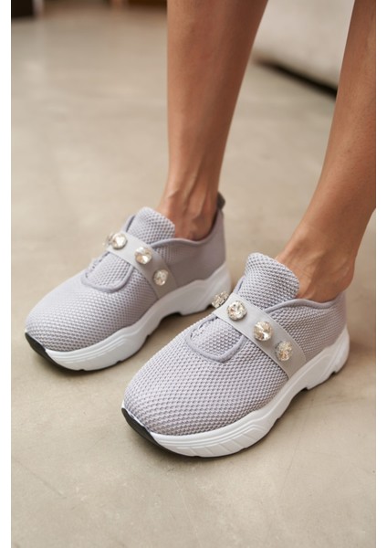 Belicia Kadin Gri Trıko ve Taş Detay Sneakers