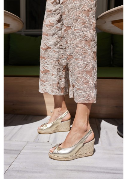 Ci̇sne Kadin Altin Gumus Garnili Deri̇ Espadri̇l Ispanya Uretim Ithal Sandalet