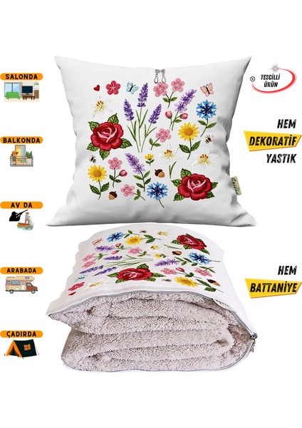 Nakış Işleme Çiçekler Efektli Baskılı Tv Battaniyesi Olabilen Dekoratif Yastık Kırlent Battaniye