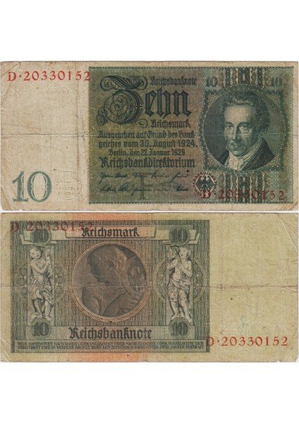 Almanya 10 Mark 1929 Nazi Dönemi. 1931-48 Arası Kullanılmıştır. Temiz.