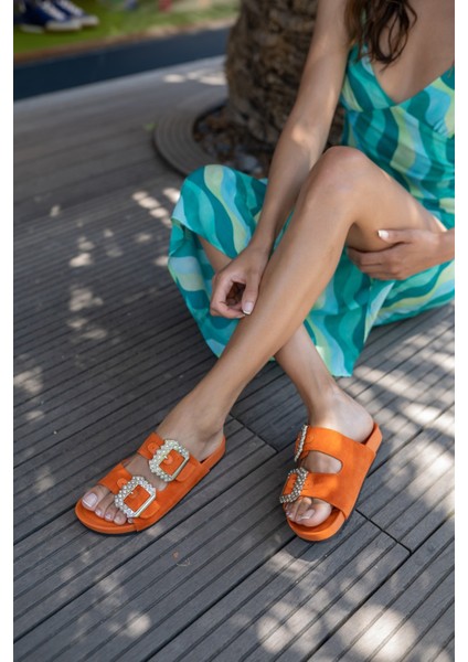Josef Kadın Orange Gercek Suet Taş Detay Terlik