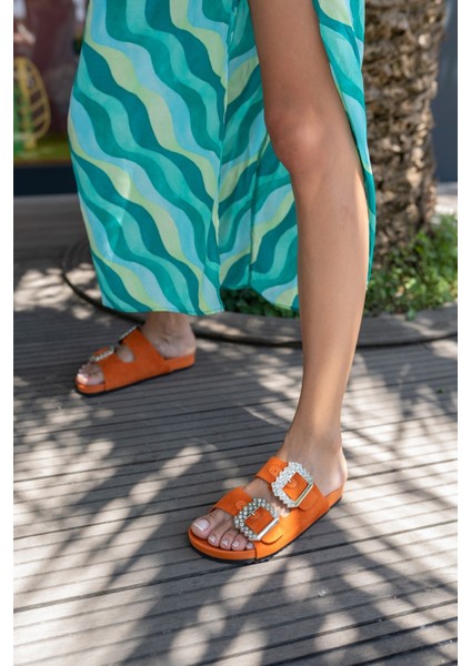 Josef Kadın Orange Gercek Suet Taş Detay Terlik modelleri