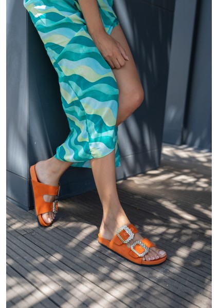 Josef Kadın Orange Gercek Suet Taş Detay Terlik