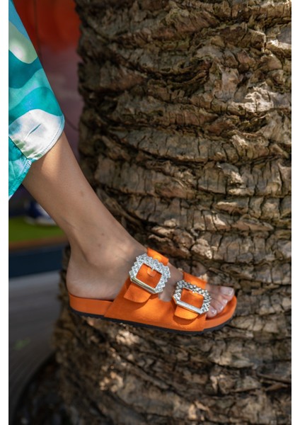 Josef Kadın Orange Gercek Suet Taş Detay Terlik