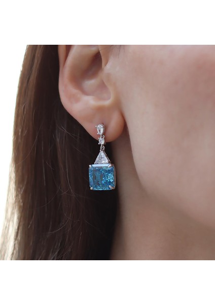 Aquamarine Kare Taşlı Gümüş Pırıltı Küpe