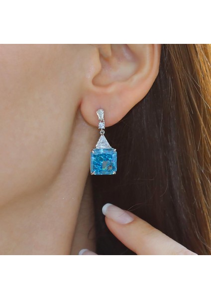 Aquamarine Kare Taşlı Gümüş Pırıltı Küpe modelleri