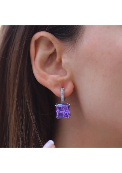 Kare Ametist Taşlı Gümüş Küpe