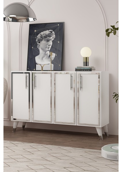 8193KM-128DD Konsol,kahve Köşesi,ayakkabılık,ofis Evrak Dolabı,mutfak Kiler Dolabı,tv Ünitesi-Beyaz-Gümüş