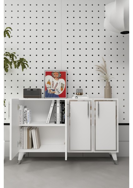 8193KM-128DD Konsol,kahve Köşesi,ayakkabılık,ofis Evrak Dolabı,mutfak Kiler Dolabı,tv Ünitesi-Beyaz-Gümüş indirimleri