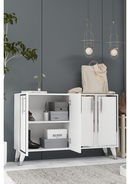 8193KM-128DD Konsol,kahve Köşesi,ayakkabılık,ofis Evrak Dolabı,mutfak Kiler Dolabı,tv Ünitesi-Beyaz-Gümüş