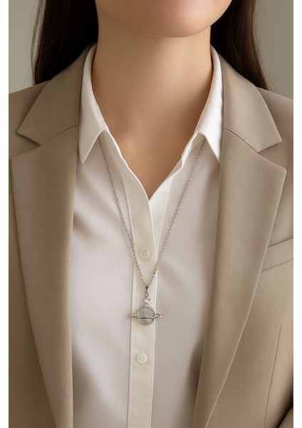 Gümüş Renk Gezegen (Satürn) Detaylı Paslanmaz Çelik Kolye