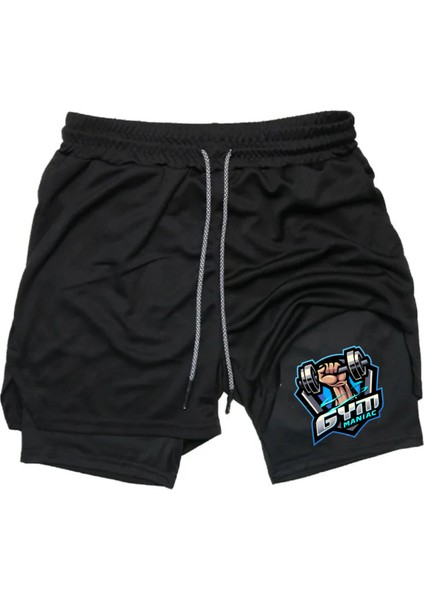 Hızlı Kuruyan 2 In 1 Yetişkin Unisex Spor Gym Maniac Baskılı Taytlı Şort Fitness Gym Antrenman Halı