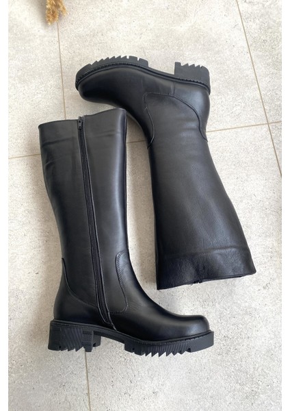Hakiki Deri Siyah Kalın Tabanlı Diz Altı Kadın Çizme TMD2025001 fırsatları