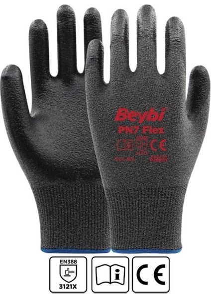 Beybi Pn7 Flex 9 Beden Nitril Kaplı Naylon Örme Eldiven 12LI Paket Gri-Siyah EN388 (3121X)