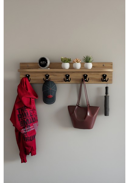 Raflı 5 Askılı Portmanto Duvar Askılığı, Elbise Askılığı, Modern Tasarım Organizer Askılık