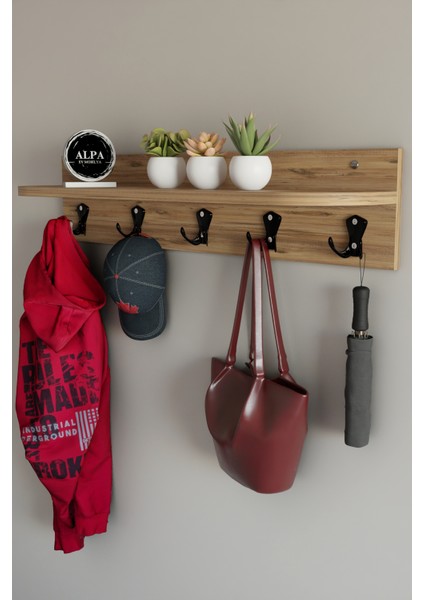 Raflı 5 Askılı Portmanto Duvar Askılığı, Elbise Askılığı, Modern Tasarım Organizer Askılık fırsatları