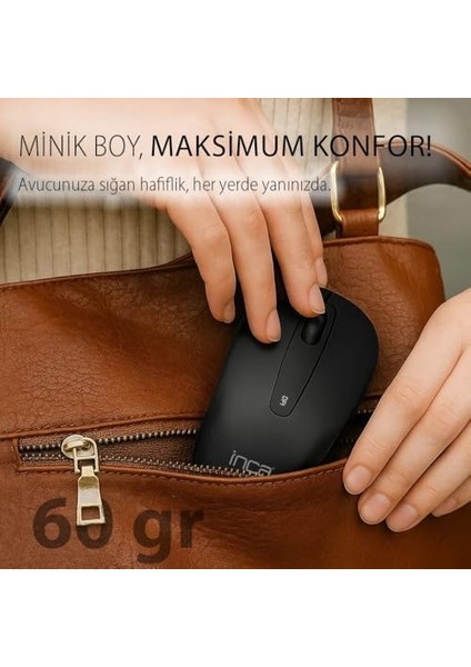 Inca IWM-311ST Sılent Wireless Mouse Siyah,komple Rubber Soft Yüzey,sessiz Tuş,ergonomik Dizayn, Konforlu Dokunuş HISSI,1600DPI, USB Alıcı, 10M Çekim,uzun Pil Ömrü, Enerji Tasarrufu Uyku Modu modelleri