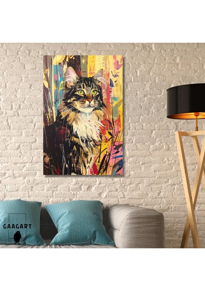Tekli Dikey Kanvas Tablo Renkli Soft Orman Kedisi Portresi