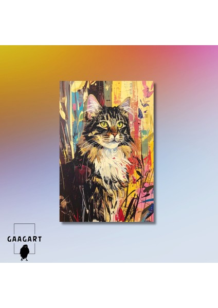 Tekli Dikey Kanvas Tablo Renkli Soft Orman Kedisi Portresi modelleri
