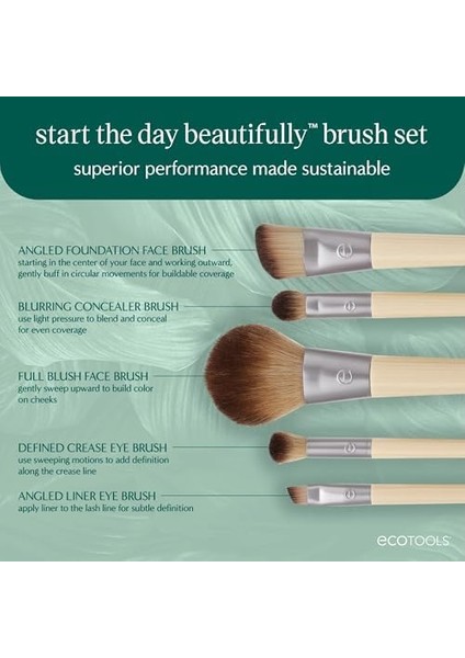 Ecotools Güne Güzel Başlayın Makyaj Fırça Seti, Göz Farı, Fondöten, Allık ve Kapatıcı Için, Saklama Tepsisi Ile, Seyahat Dostu Makyaj Fırçası Zımbaları, Çevre Dostu, Zulüm Içermez, 6 Parça Set