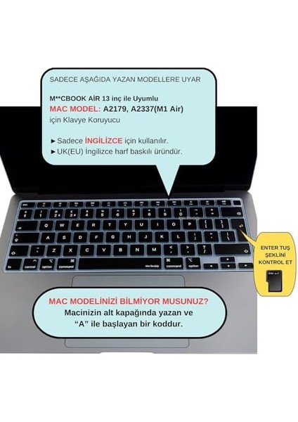 MacBook Klavye Koruyucu Air 13 Inç M1,A2337,A2179 Uyumlu Ince Silikon Şeffaf Siyah Seçenekli Uk Avrupa Ingilizce Stiker Baskılı Id Silikon Film Siyah modelleri