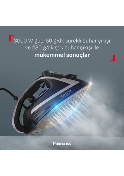 Puregliss 3000 W Güç, 280 G/dk Şok Buhar, Mikro-Kireç Filtreli & Otomatik Kapanmalı Ütü