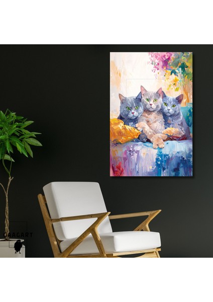 Tekli Dikey Kanvas Tablo Yağlı Boya Görünümlü Yeşil Gözlü Kediler
