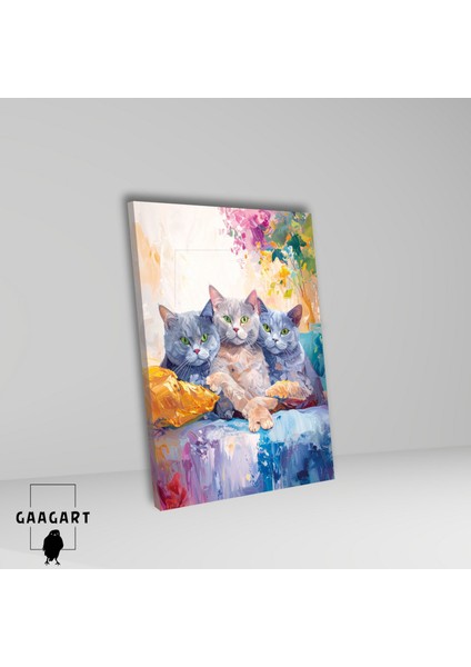 Tekli Dikey Kanvas Tablo Yağlı Boya Görünümlü Yeşil Gözlü Kediler fiyatları