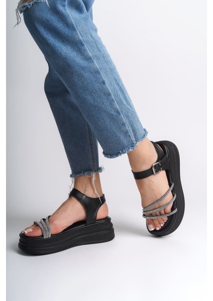 New Eva Kalın Topuklu Taşlı Siyah Kadın Sandalet fiyatları