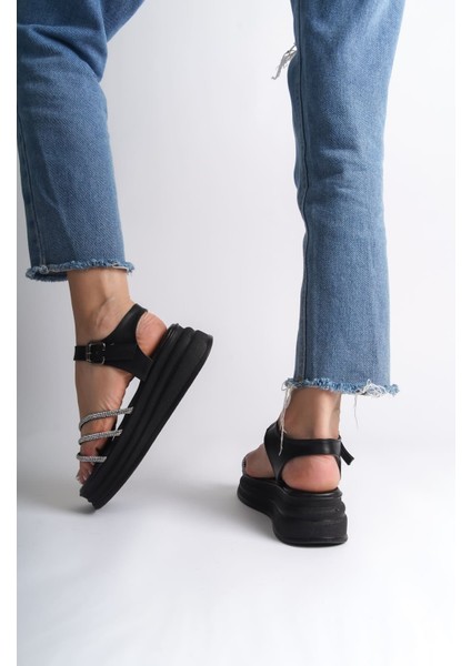 New Eva Kalın Topuklu Taşlı Siyah Kadın Sandalet modelleri