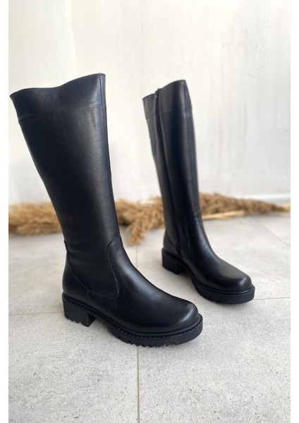Hakiki Deri Siyah Kalın Tabanlı Diz Altı Kadın Çizme TMD2025001 modelleri