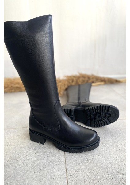 Hakiki Deri Siyah Kalın Tabanlı Diz Altı Kadın Çizme TMD2025001 fırsatları