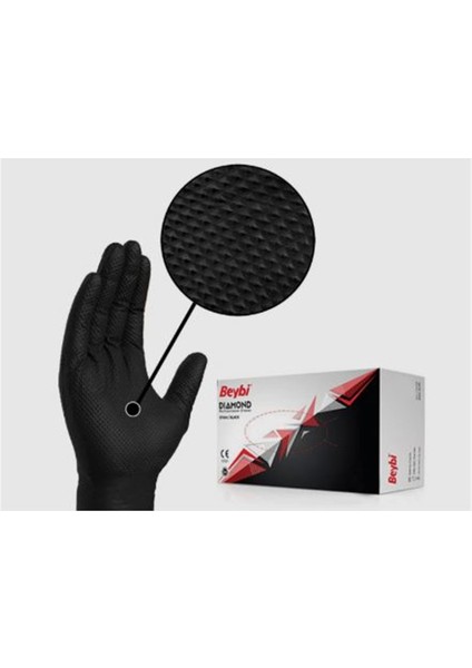 Beybi Diamond Xl Pudrasız Kalın Siyah Nitril Eldiven Xl (Kutuda 100 Adet)
