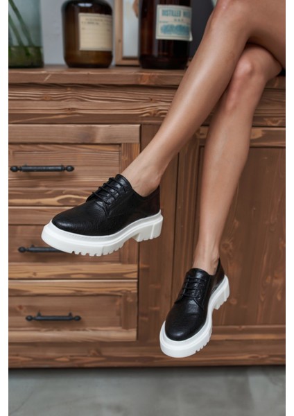 Suprıala Kadın Siyah Kırısık Ithal Malzeme Beyaz Taban Oxford Ayakkabı
