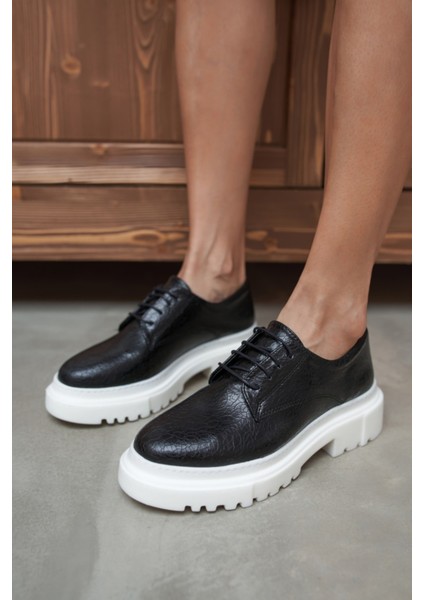 Suprıala Kadın Siyah Kırısık Ithal Malzeme Beyaz Taban Oxford Ayakkabı