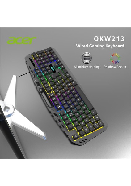 Acer OKW213 Siyah Rgb Rainbow Backlit Gaming Keyboard Rainbow (Kablo Uzunluğu 1,5mt) fiyatları