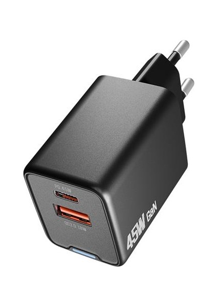 Hytech HY-XEG45 Type Usb-C 45W Pd + 18W USB Qc 3.0 Gan Siyah Hızlı Ev Şarj Adaptörü