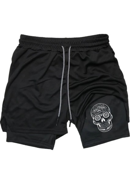 Hızlı Kuruyan 2 In 1 Yetişkin Unisex Spor Mexican Skull Baskılı Taytlı Şort Fitness Gym Antrenman