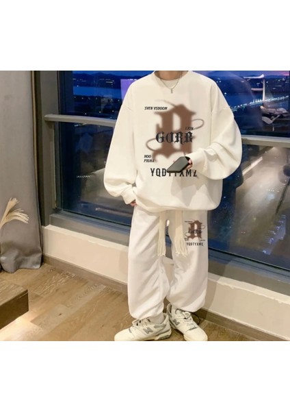 Büyük Beden Özel Tasarım Bisiklet Yaka Lıon Gorb Baskılı Süper Oversize Hip Hop Kışlık Erkek Eşofman Takımı