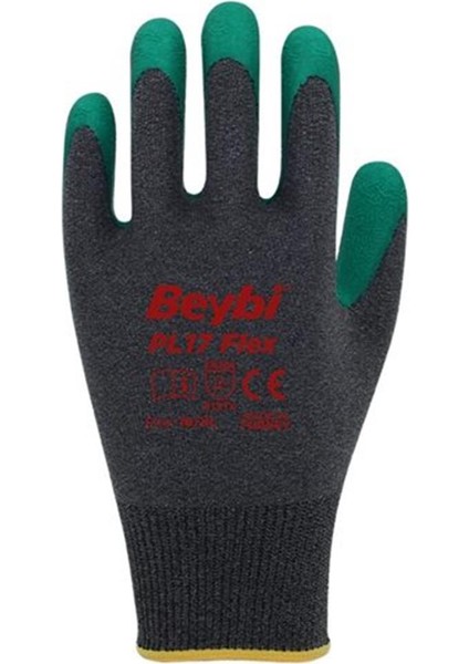 Beybi PL17 Flex 10 Beden Gri-Yeşil Polyesyter Likralı Ipten Örülmüş Lateks Kaplı 12LI Paket (3131X)