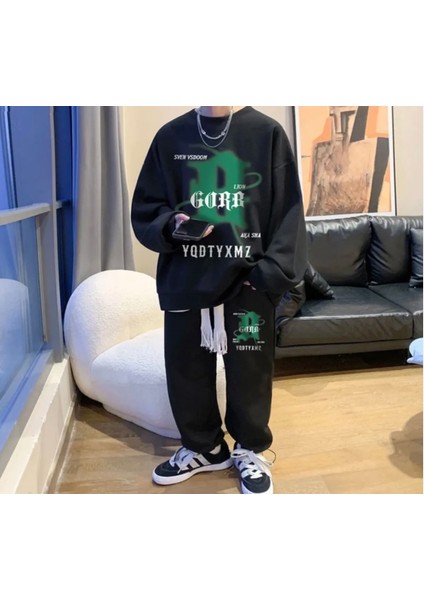 Büyük Beden Özel Tasarım Bisiklet Yaka Lıon Gorb Baskılı Süper Oversize Hip Hop Kışlık Erkek Eşofman Takımı