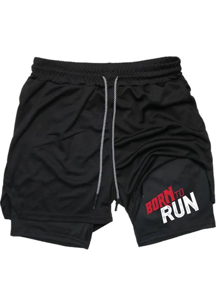 Hızlı Kuruyan 2 In 1 Yetişkin Unisex Spor Born To Run Baskılı Taytlı Şort Fitness Gym Antrenman Halı